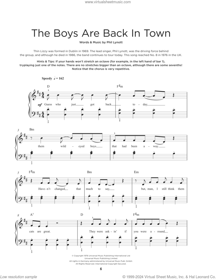 The Boys Are Back In Town, (beginner) sheet music for piano solo by Thin Lizzy and Phil Lynott, beginner skill level