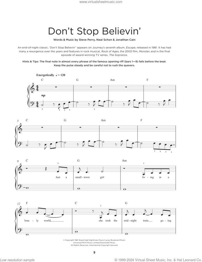 Don't Stop Believin' sheet music for piano solo by Journey, Jonathan Cain, Neal Schon and Steve Perry, beginner skill level