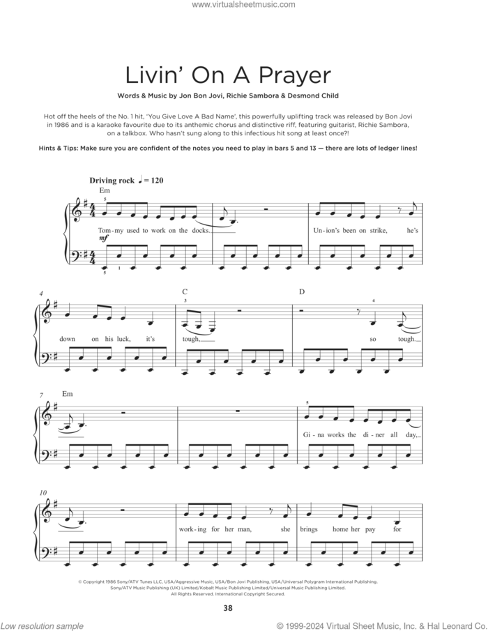 Livin' On A Prayer sheet music for piano solo by Bon Jovi, Desmond Child and Richie Sambora, beginner skill level