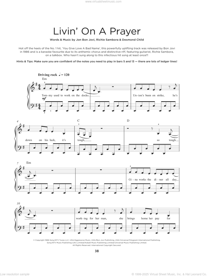 Livin' On A Prayer sheet music for piano solo by Bon Jovi, Desmond Child and Richie Sambora, beginner skill level