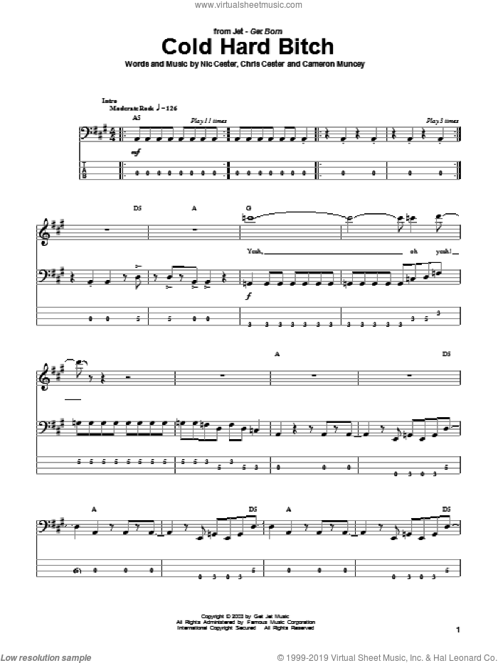 Cold Hard Bitch sheet music for bass (tablature) (bass guitar) by Nic Cester, Cameron Muncey and Chris Cester, intermediate skill level