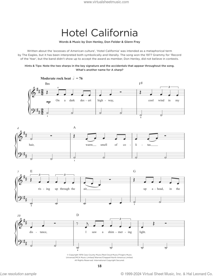 Hotel California sheet music for piano solo by Don Henley, The Eagles, Don Felder and Glenn Frey, beginner skill level