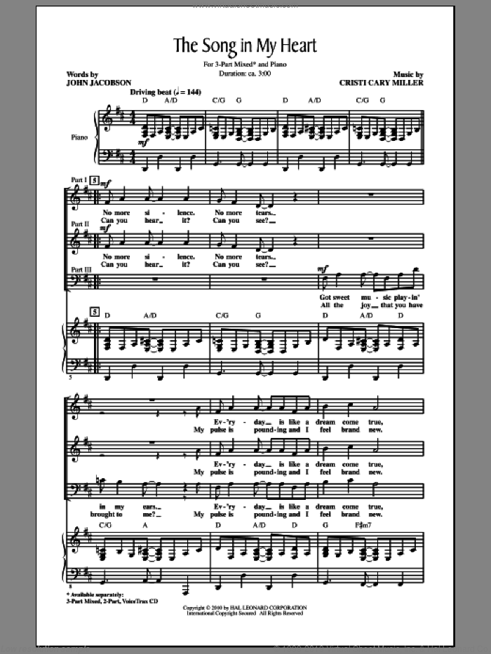 The Song In My Heart sheet music for choir (3-Part Mixed) by Cristi Cary Miller and John Jacobson, intermediate skill level