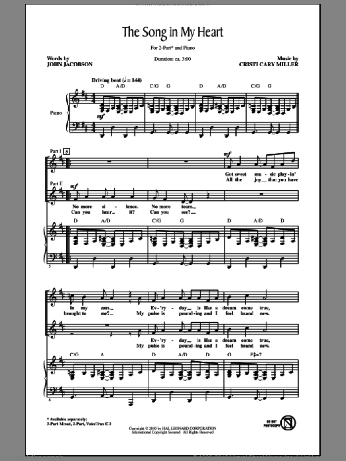 The Song In My Heart sheet music for choir (2-Part) by Cristi Cary Miller and John Jacobson, intermediate duet