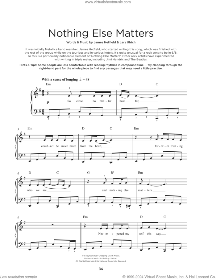 Nothing Else Matters sheet music for piano solo by Metallica, James Hetfield and Lars Ulrich, beginner skill level