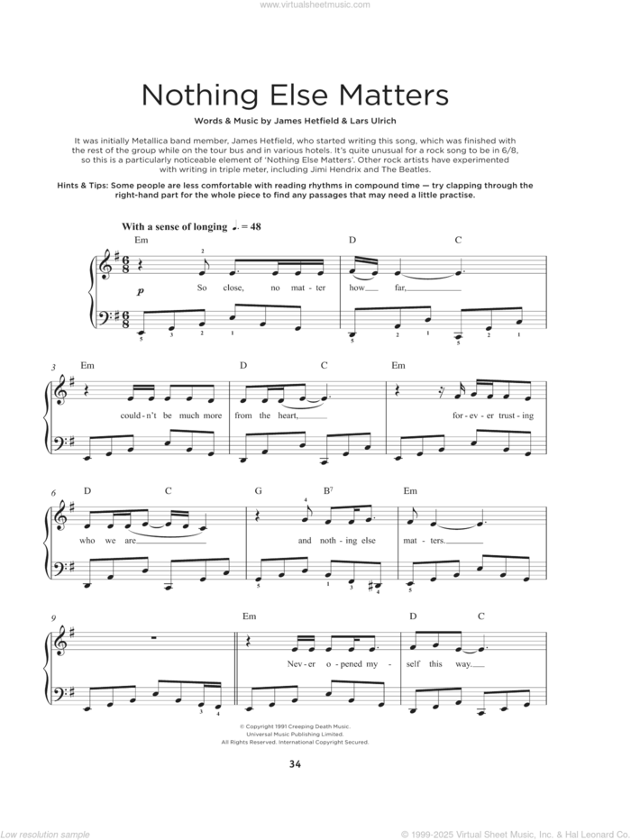 Nothing Else Matters sheet music for piano solo by Metallica, James Hetfield and Lars Ulrich, beginner skill level