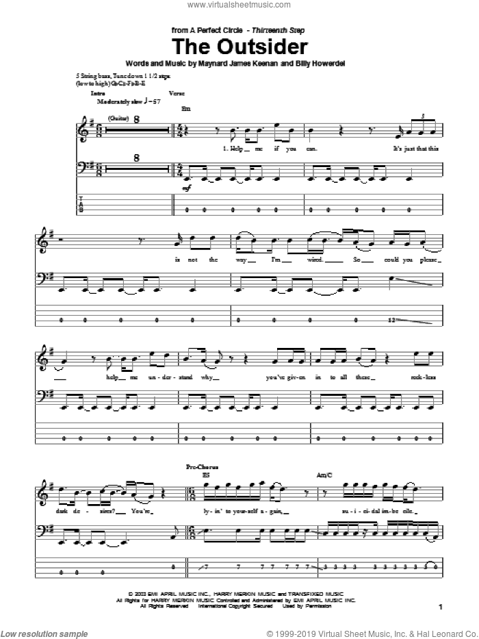 The Outsider sheet music for bass (tablature) (bass guitar) by A Perfect Circle, Billy Howerdel and Maynard James Keenan, intermediate skill level