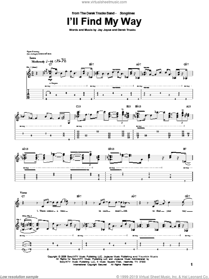 I'll Find My Way sheet music for guitar (tablature) by The Derek Trucks Band, Derek Trucks and Jay Joyce, intermediate skill level