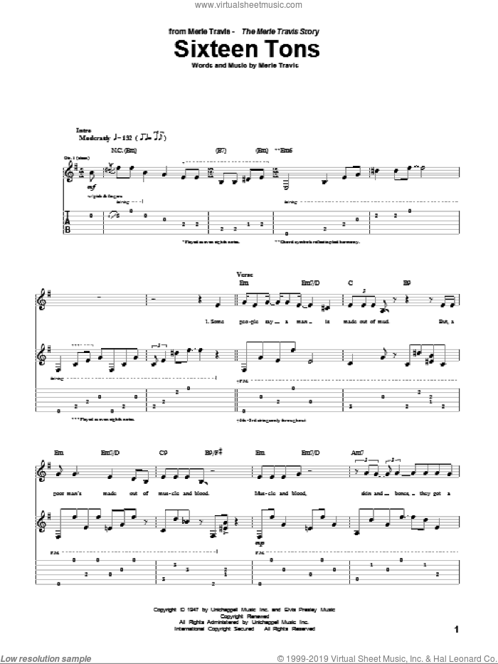 Sixteen Tons sheet music for guitar (tablature) by Merle Travis and Tennessee Ernie Ford, intermediate skill level