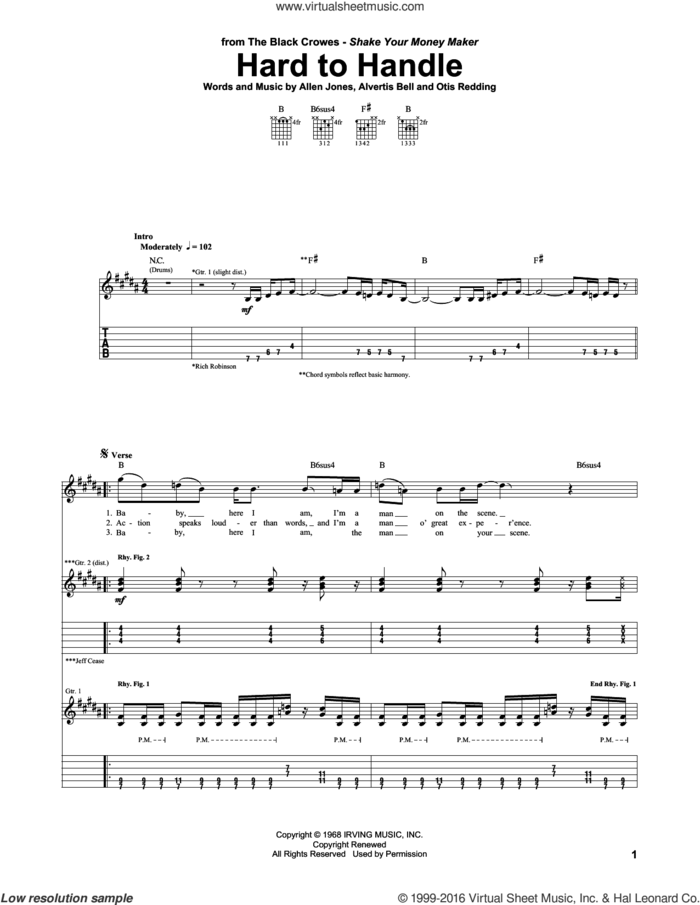 Hard To Handle sheet music for guitar (tablature) by The Black Crowes, Allen Jones, Alvertis Bell and Otis Redding, intermediate skill level