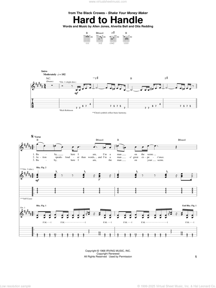 Hard To Handle sheet music for guitar (tablature) by The Black Crowes, Allen Jones, Alvertis Bell and Otis Redding, intermediate skill level