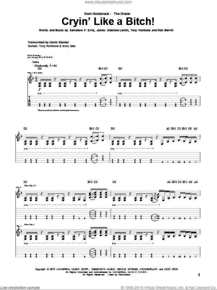 Cryin' Like A Bitch! sheet music for guitar (tablature) by Godsmack, Rob Merrill, Shannon Larkin, Sully Erna and Tony Rombola, intermediate skill level
