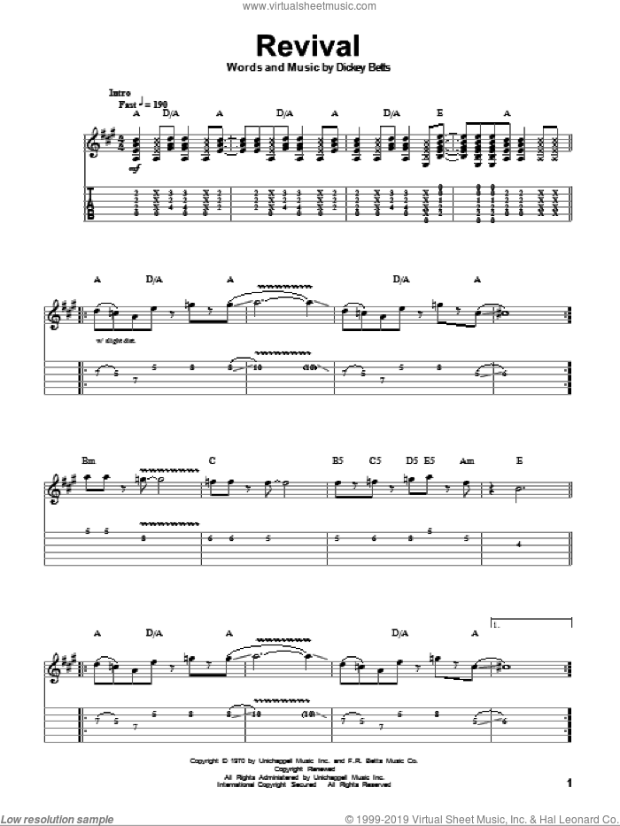 Revival sheet music for guitar (tablature, play-along) by Allman Brothers Band, The Allman Brothers Band and Dickey Betts, intermediate skill level
