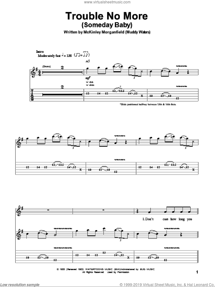 Trouble No More (Someday Baby) sheet music for guitar (tablature, play-along) by Allman Brothers Band, The Allman Brothers Band and Muddy Waters, intermediate skill level