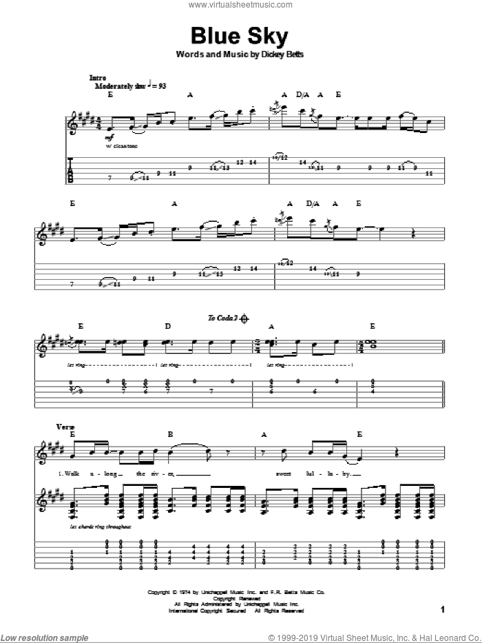 Blue Sky sheet music for guitar (tablature, play-along) by Allman Brothers Band, The Allman Brothers Band and Dickey Betts, intermediate skill level