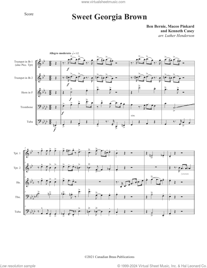 Sweet Georgia Brown (COMPLETE) sheet music for brass quintet by Canadian Brass, Ben Bernie, Luther Henderson and Maceo Pinkard and Kenneth Casey, intermediate skill level