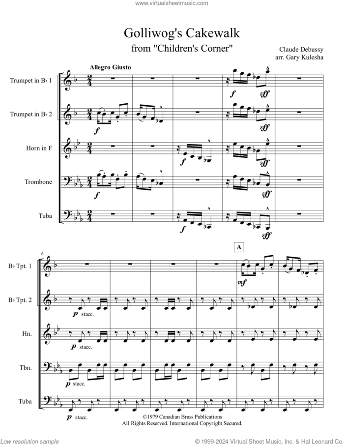 Golliwog's Cakewalk (COMPLETE) sheet music for brass quintet by Canadian Brass, Claude Debussy and Gary Kulesha, classical score, intermediate skill level