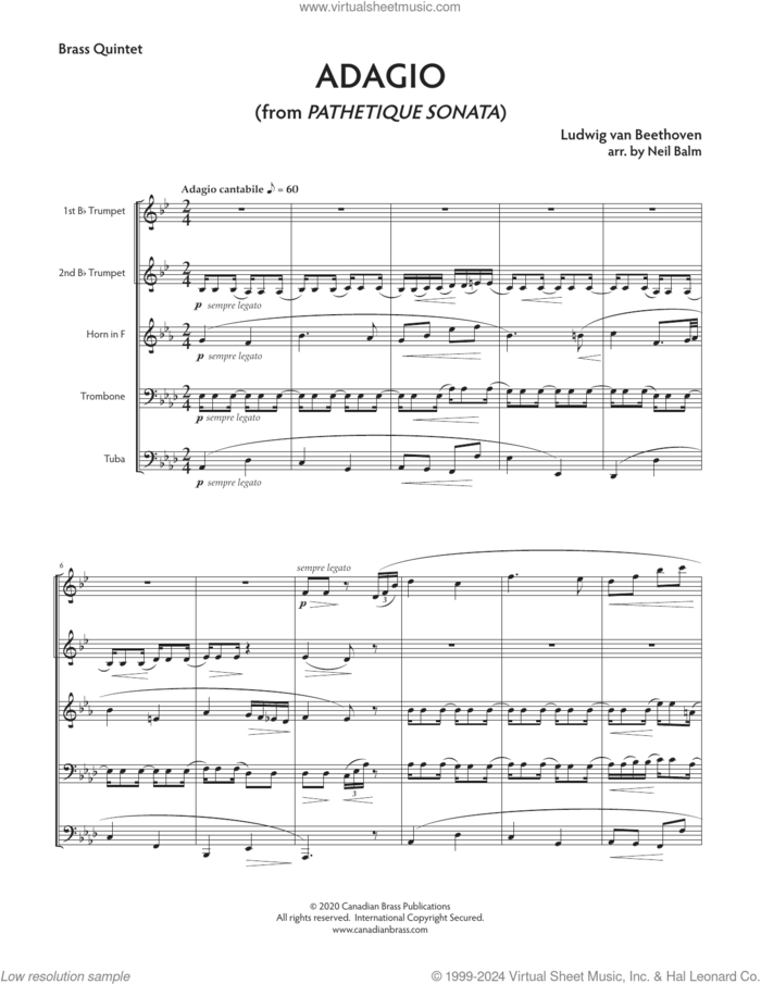 Adagio from Sonata Pathetique (COMPLETE) sheet music for brass quintet by Canadian Brass, Ludwig van Beethoven and Neil Balm, classical score, intermediate skill level