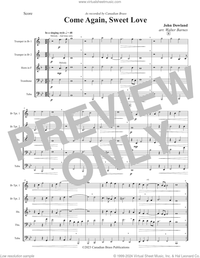 Come Again, Sweet Love (COMPLETE) sheet music for brass quintet by Canadian Brass, John Dowland and Walter Barnes, classical score, intermediate skill level