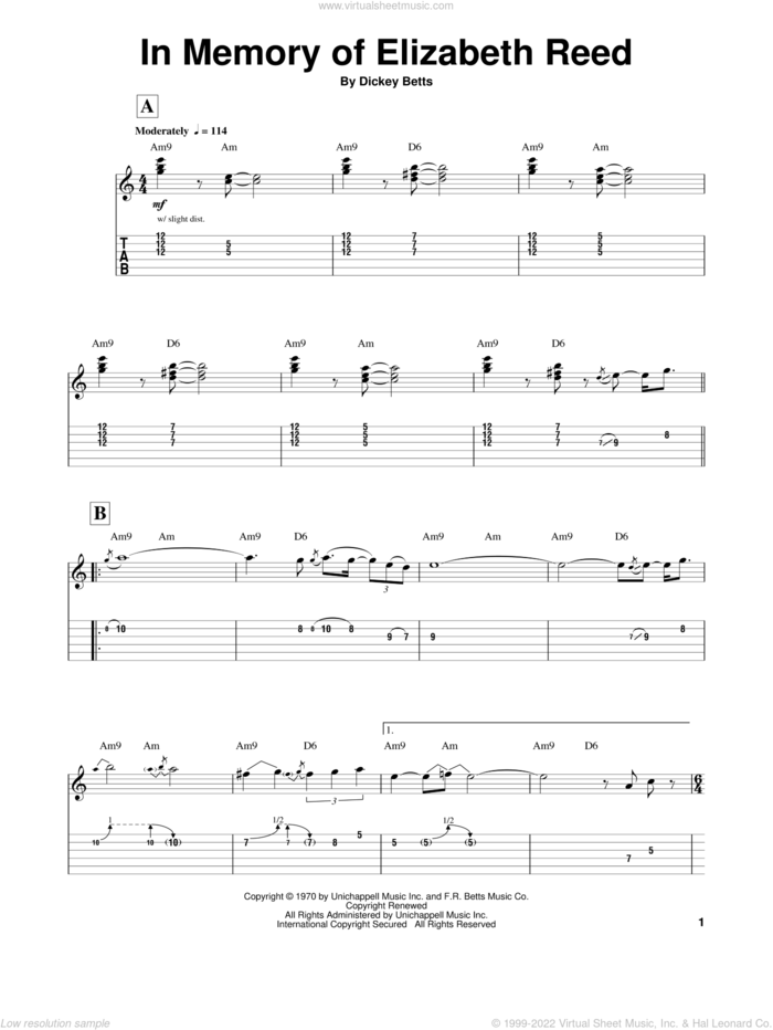 In Memory Of Elizabeth Reed sheet music for guitar (tablature, play-along) by Allman Brothers Band, The Allman Brothers Band and Dickey Betts, intermediate skill level