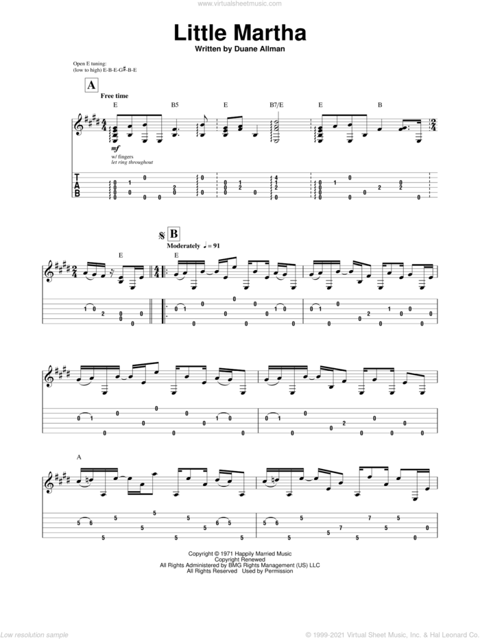 Little Martha sheet music for guitar (tablature, play-along) by Allman Brothers Band, The Allman Brothers Band and Duane Allman, intermediate skill level