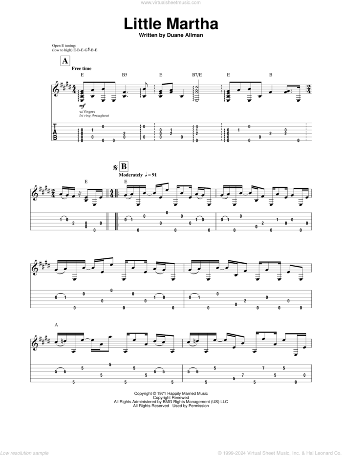 Little Martha sheet music for guitar (tablature, play-along) by Allman Brothers Band, The Allman Brothers Band and Duane Allman, intermediate skill level