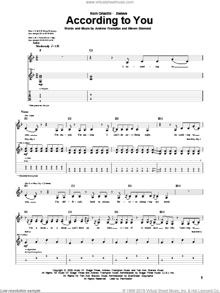 According To You sheet music for guitar (tablature) by Orianthi, Andrew Frampton and Steve Diamond, intermediate skill level
