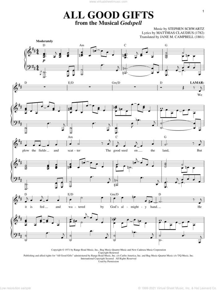 All Good Gifts sheet music for voice and piano by Stephen Schwartz, Godspell (Musical), Jane M. Campbell and Matthias Claudius, intermediate skill level