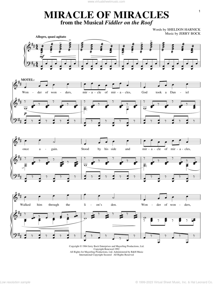 Miracle Of Miracles sheet music for voice and piano by Bock & Harnick, Fiddler On The Roof (Musical), Jerry Bock and Sheldon Harnick, intermediate skill level
