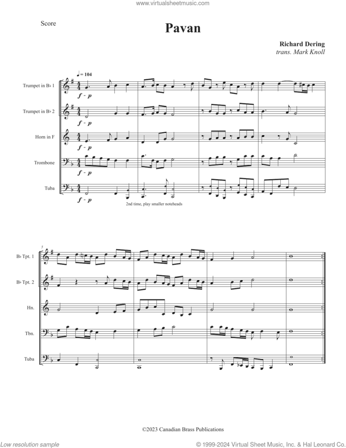 Pavan (COMPLETE) sheet music for brass quintet by Canadian Brass, Mark Kroll and Richard Dering, classical score, intermediate skill level