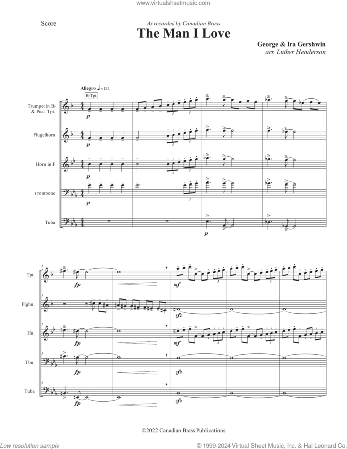 The Man I Love (COMPLETE) sheet music for brass quintet by Canadian Brass, George Gershwin and Luther Henderson, intermediate skill level