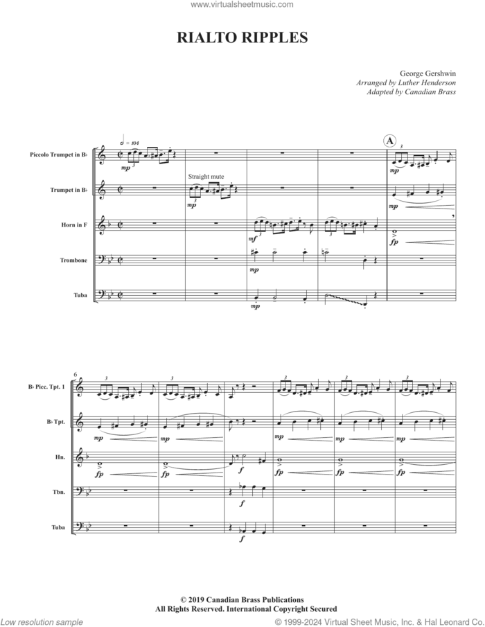 Rialto Ripples (COMPLETE) sheet music for brass quintet by Canadian Brass, George Gershwin and Luther Henderson, classical score, intermediate skill level