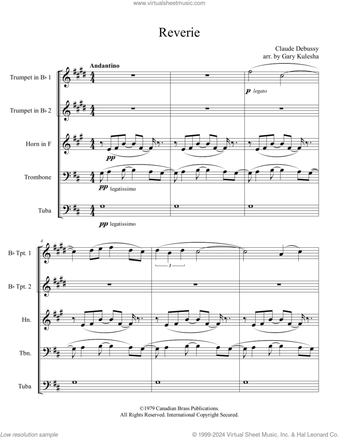 Reverie (COMPLETE) sheet music for brass quintet by Canadian Brass, Claude Debussy and Gary Kulesha, classical score, intermediate skill level