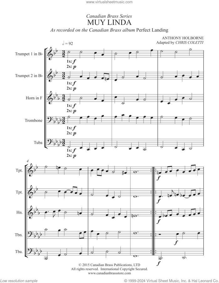 Muy Linda (COMPLETE) sheet music for brass quintet by Canadian Brass, Anthony Holborne and Chris Coletti, classical score, intermediate skill level