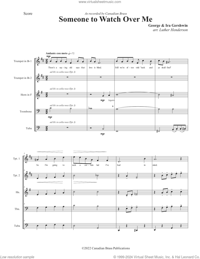 Someone to Watch Over Me (COMPLETE) sheet music for brass quintet by Canadian Brass, George Gershwin and Luther Henderson, intermediate skill level