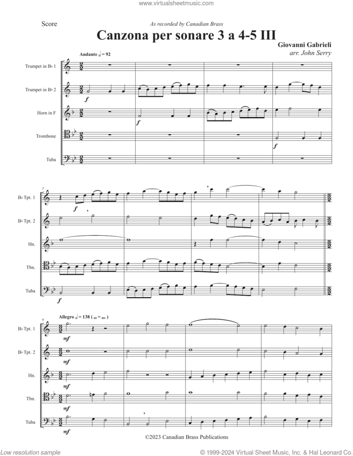 Canzon per Sonar A 4-5, III (COMPLETE) sheet music for brass quintet by Canadian Brass, Giovanni Gabrieli and John Serry, classical score, intermediate skill level