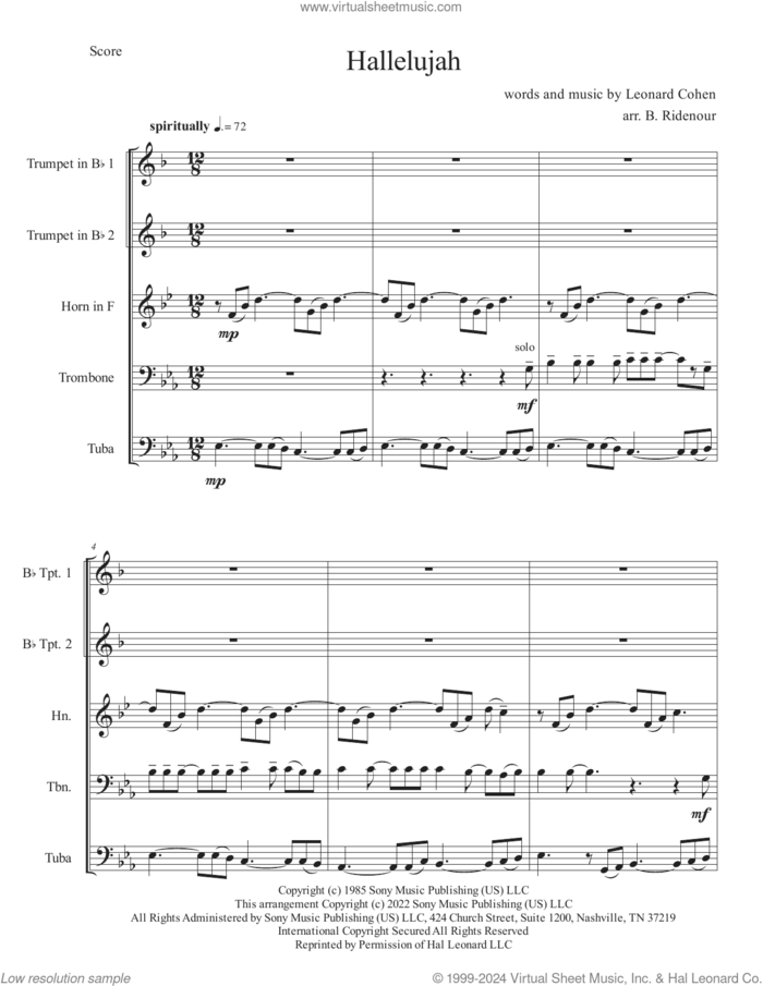 Hallelujah (COMPLETE) sheet music for brass quintet by Canadian Brass, Brandon Ridenour and Leonard Cohen, intermediate skill level