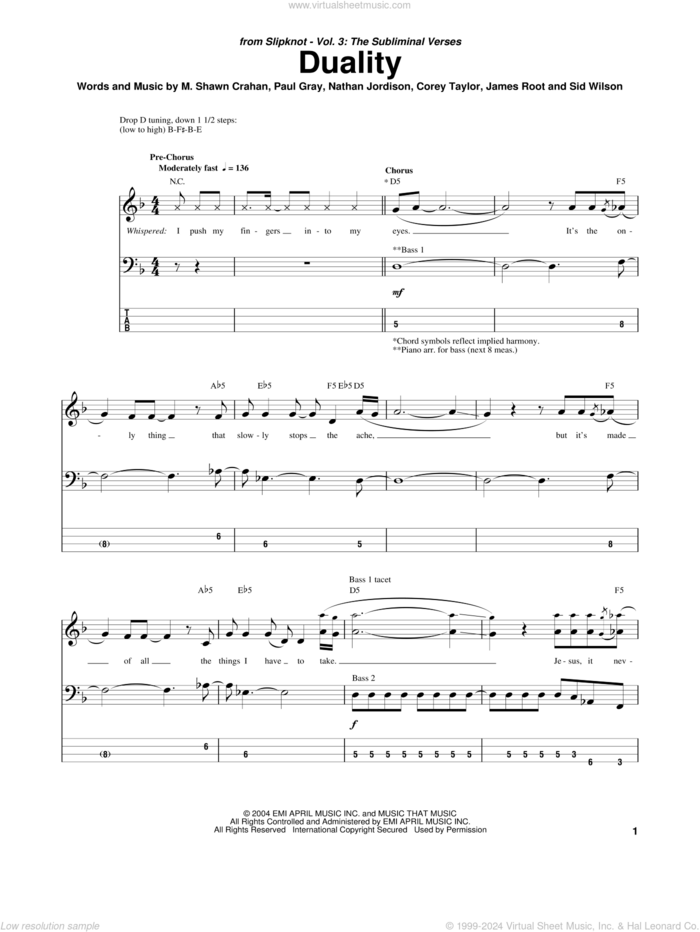 Duality sheet music for bass (tablature) (bass guitar) by Slipknot, Corey Taylor, James Root, M. Shawn Crahan, Nathan Jordison, Paul Gray and Sid Wilson, intermediate skill level