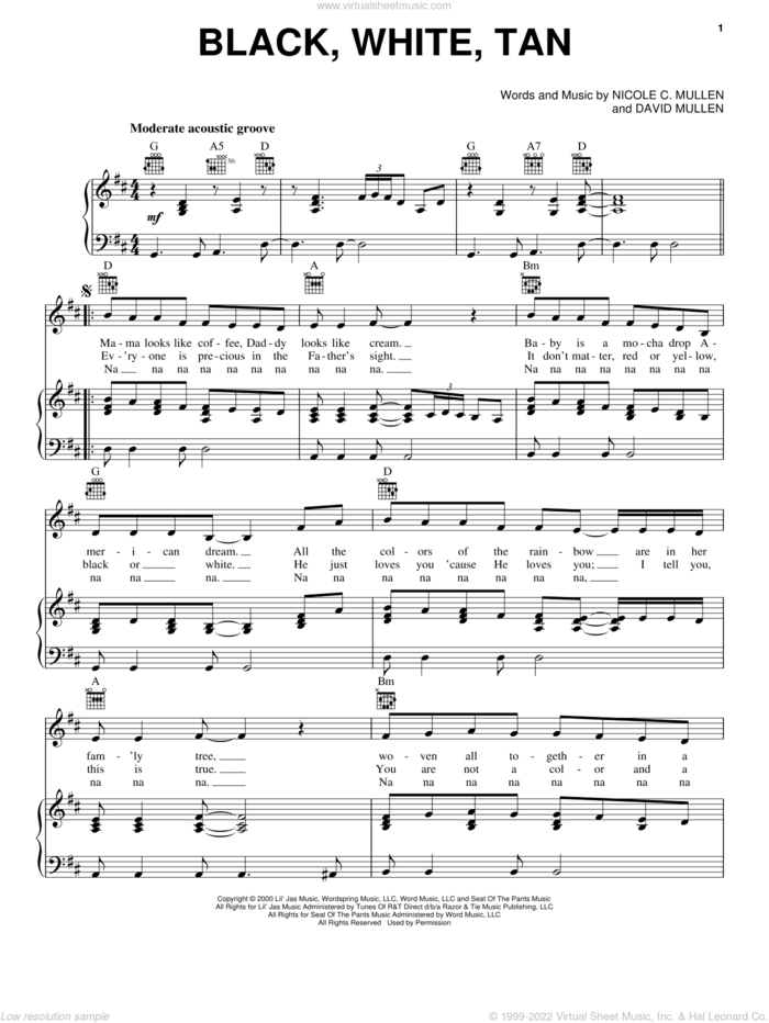 Black, White, Tan sheet music for voice, piano or guitar by Nicole C. Mullen and David Mullen, intermediate skill level