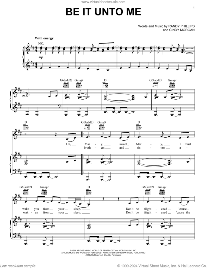 Be It Unto Me sheet music for voice, piano or guitar by Phillips, Craig & Dean, Cindy Morgan and Randy Phillips, intermediate skill level