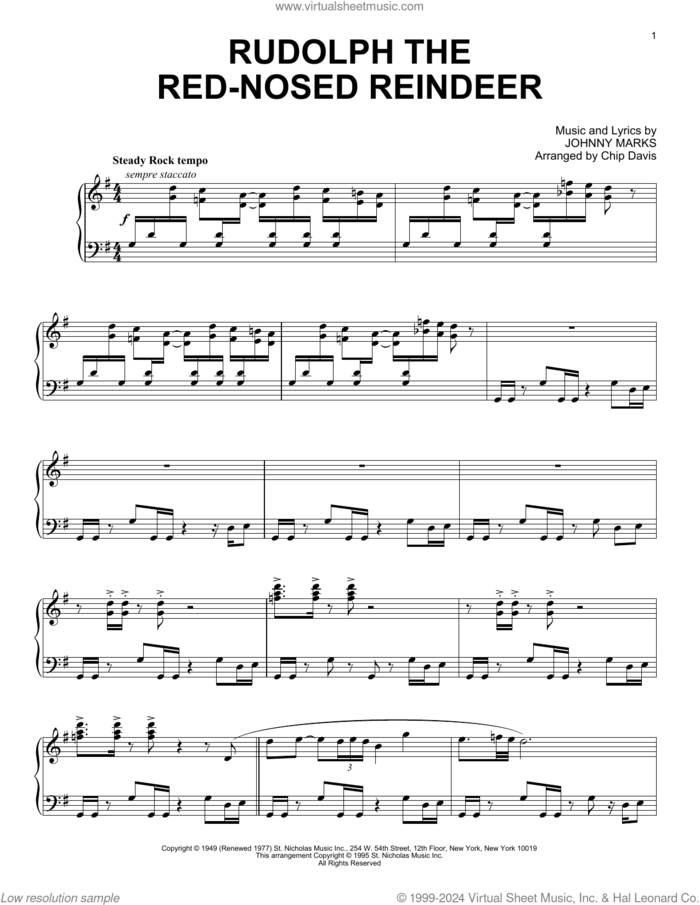 Rudolph The Red-Nosed Reindeer sheet music for piano solo by Mannheim Steamroller, Chip Davis, John Denver and Johnny Marks, intermediate skill level