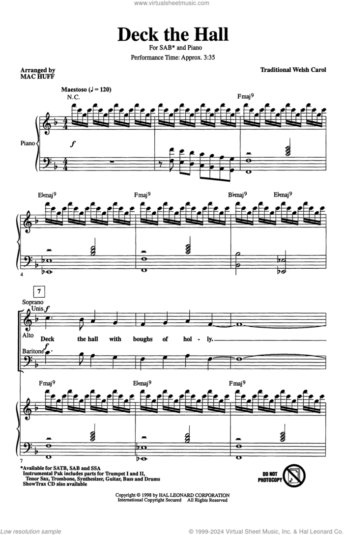 Deck The Hall (arr. Mac Huff) sheet music for choir (SAB: soprano, alto, bass)  and Mac Huff, intermediate skill level