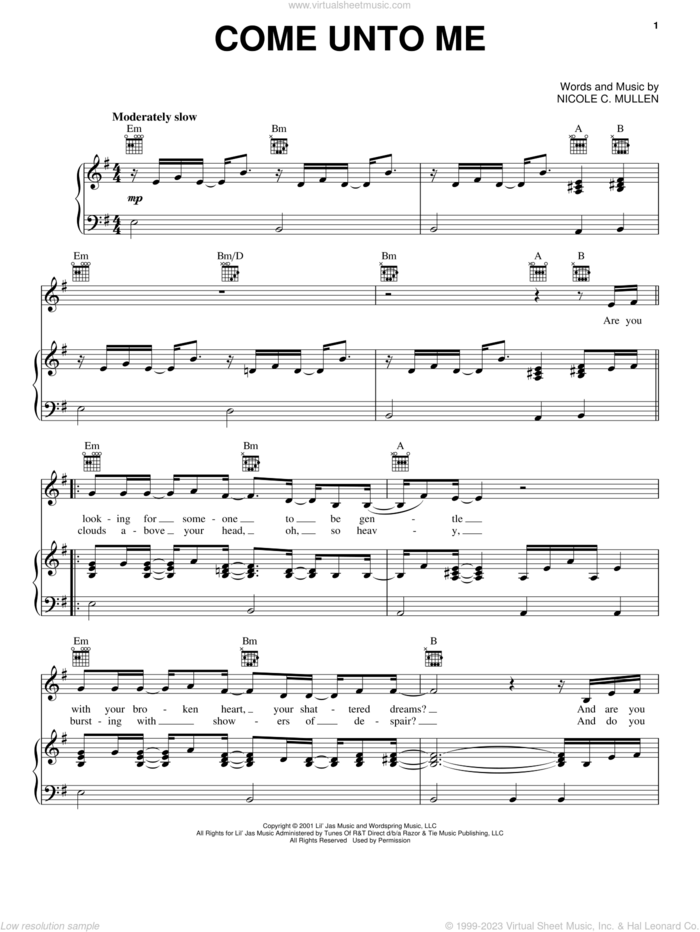 Come Unto Me sheet music for voice, piano or guitar by Nicole C. Mullen, intermediate skill level
