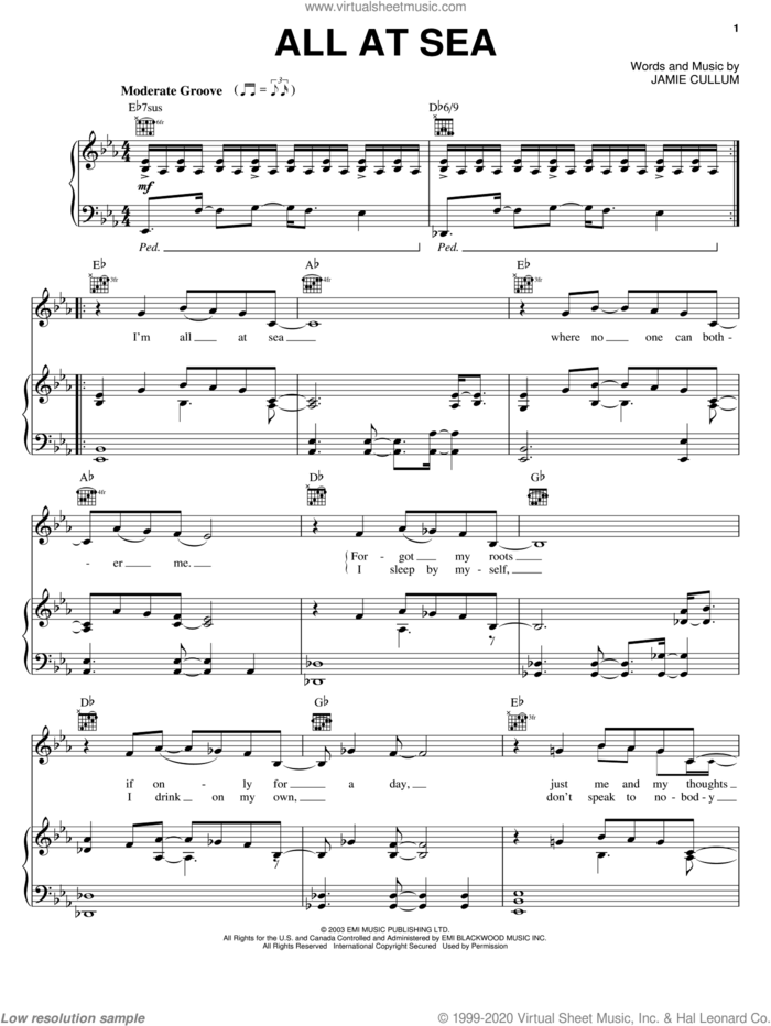 All At Sea sheet music for voice, piano or guitar by Jamie Cullum, intermediate skill level