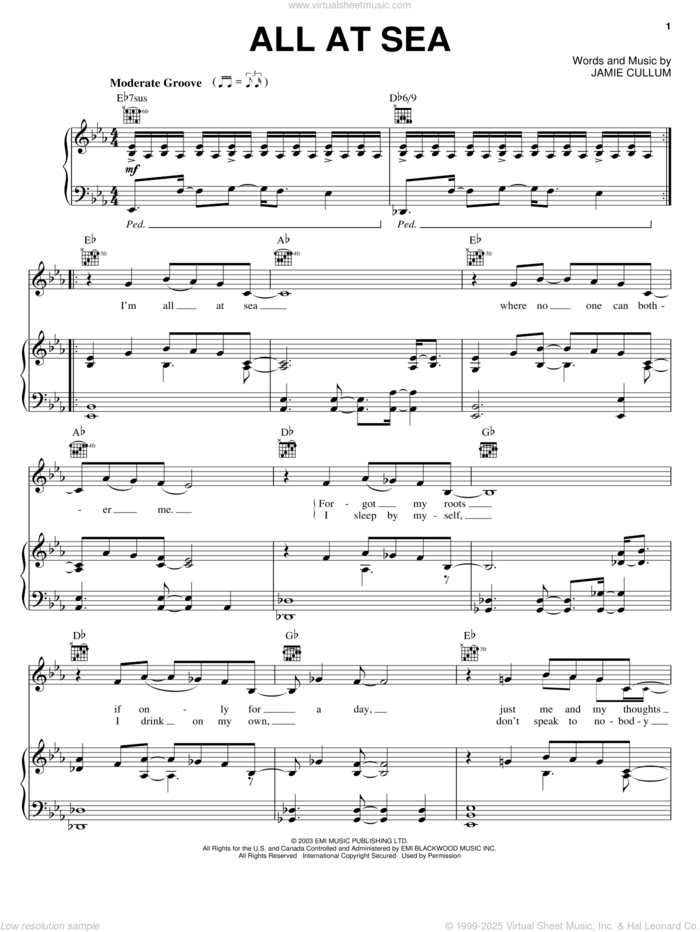 All At Sea sheet music for voice, piano or guitar by Jamie Cullum, intermediate skill level