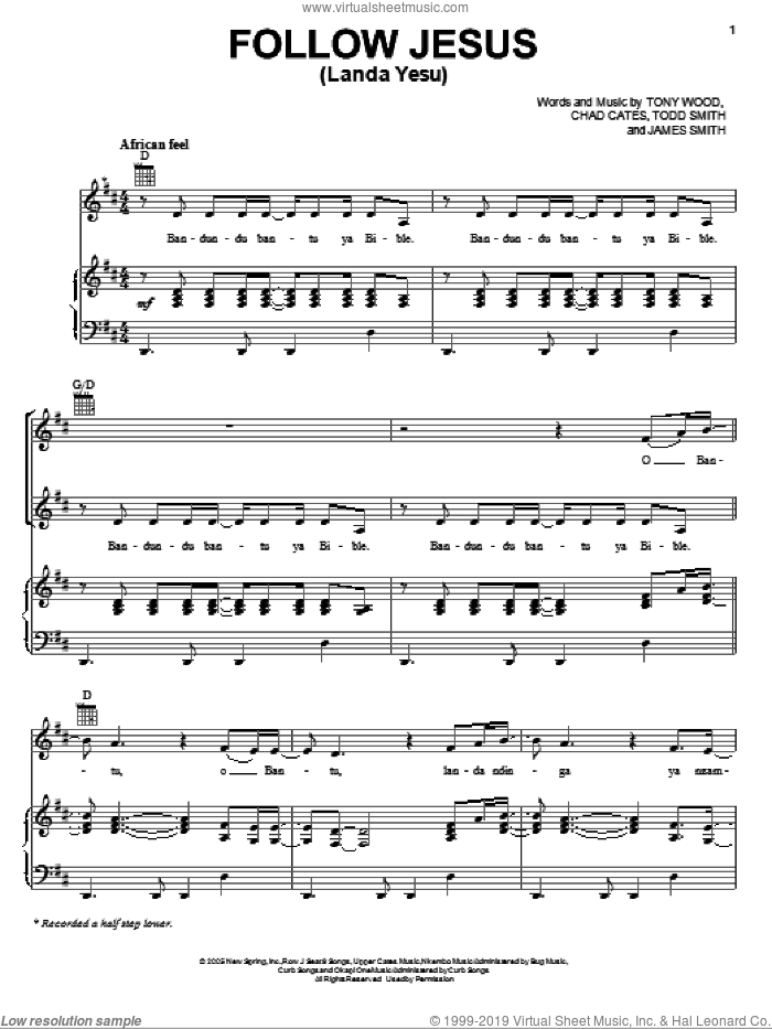 Follow Jesus (Landa Yesu) sheet music for voice, piano or guitar by Nicole C. Mullen, Chad Cates, James Smith, Todd Smith and Tony Wood, intermediate skill level