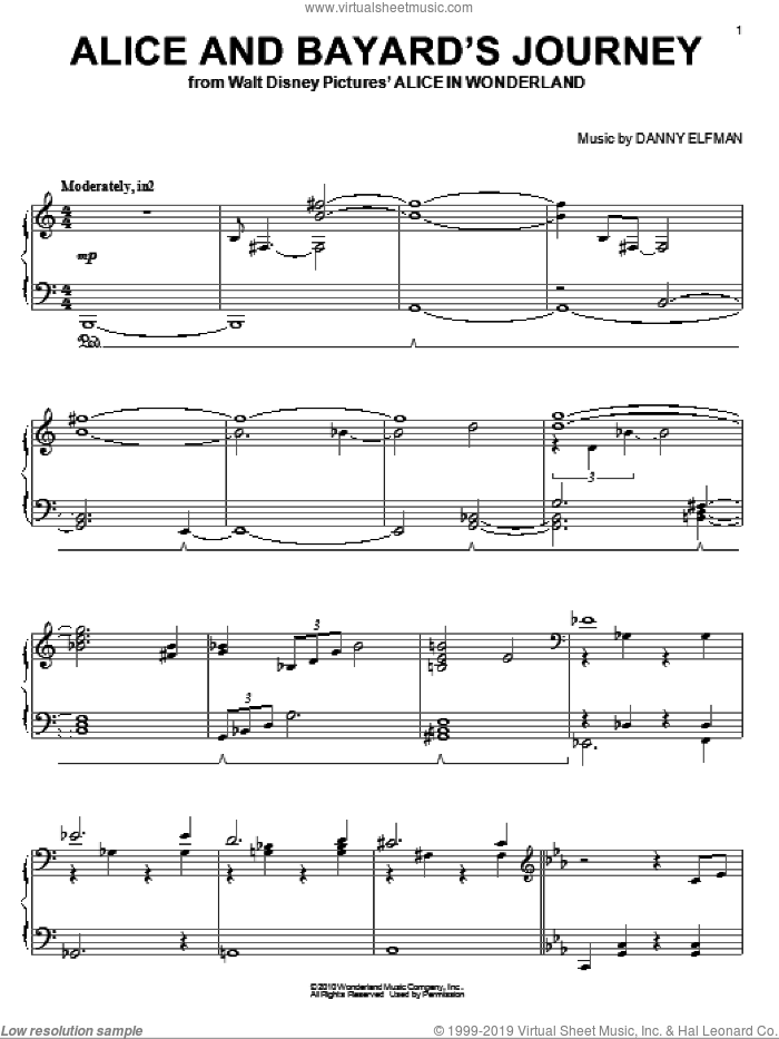 Alice And Bayard's Journey sheet music for piano solo by Danny Elfman and Alice In Wonderland (Movie), intermediate skill level