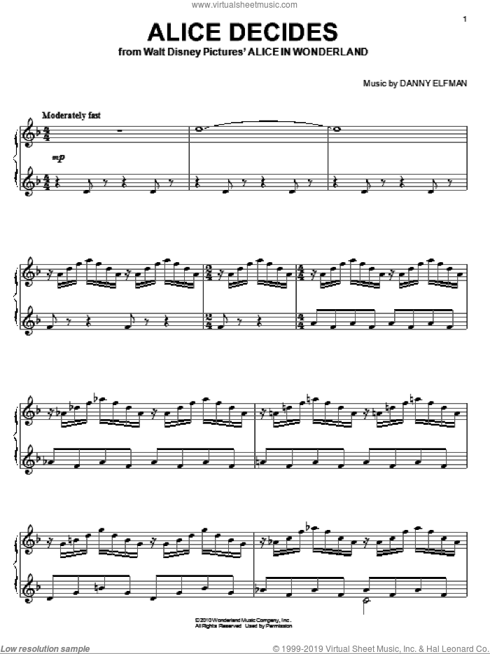 Alice Decides sheet music for piano solo by Danny Elfman and Alice In Wonderland (Movie), intermediate skill level