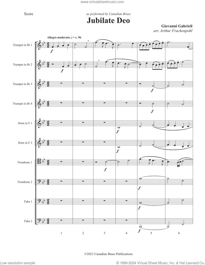 Jubilate Deo sheet music for brass quintet (full score) by Canadian Brass, Arthur Frackenpohl and Giovanni Gabrieli, classical score, intermediate skill level