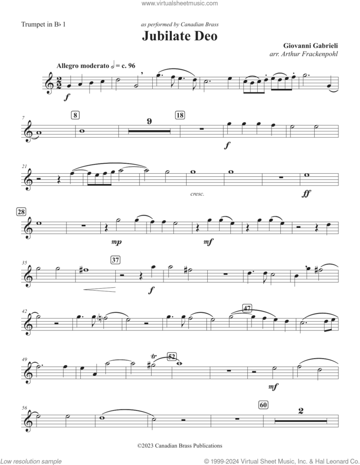 Jubilate Deo sheet music for brass quintet (Bb trumpet 1) by Canadian Brass, Arthur Frackenpohl and Giovanni Gabrieli, classical score, intermediate skill level